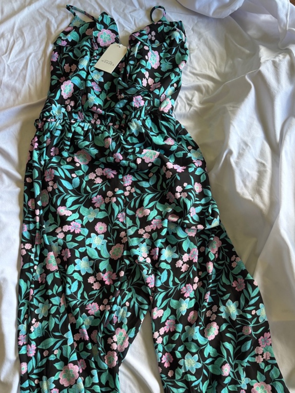 Floral V-Neck Jumpsuit in Black, Mint & Pink
